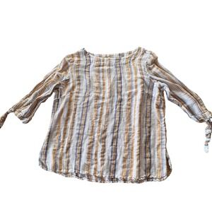 Regatta Striped Linen Cotton Blouse Women Size 14P Tie Sleeve Coastal Minimalist